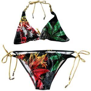 VTG Y2K Christian Audigier 2PC Bikini Sz L Rasta Leaf Print Gold Chain Luxe Swim